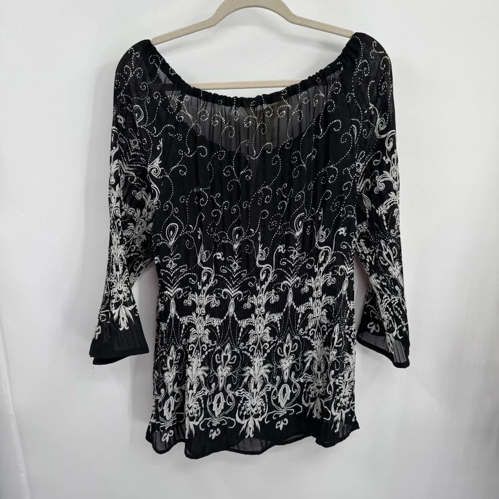Vtg Black White Boho Peasant Top Sheer Crinkle 3/4 Sleeve Floral Scroll Print XL - Picture 2 of 8